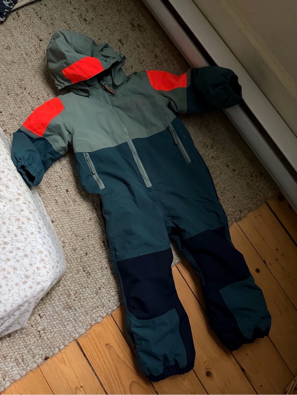 Helly Hansen Kids Colorblock One-Piece Snow Suit - Green with Orange Accents